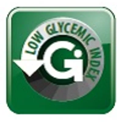 LOW GLYCEMIC INDEX (κείμενο στα αγγλικά) σε πράσινο φόντο με βέλος προς τα κάτω και το σύμβολο Gi στο κέντρο