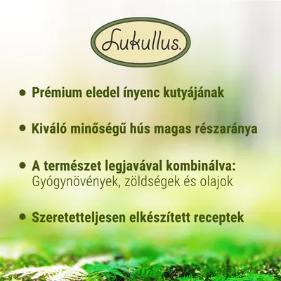 Lukullus. Prémium eledel ínyenc kutyájának. Kiváló minőségű hús magas részaránya. A természet legjavával kombinálva: gyógynövények, zöldségek és olajok. Szeretetteljesen elkészített receptek.
