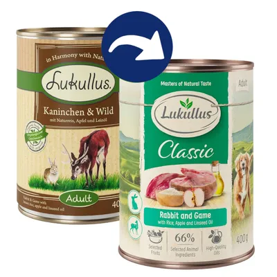 Lukullus Kaninchen & Wild, Adult, 400g. Mit Naturreis, Apfel und Leinöl. Classic Rabbit and Game, 66% tierische Zutaten, ausgewählte Früchte, hochwertige Öle.