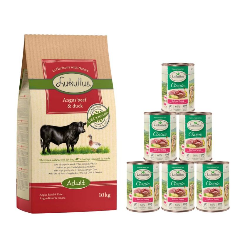 Pack alimentación mixta: pienso 10 kg + 6 x 400 g comida húmeda Lukullus