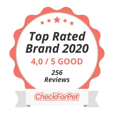 Top Rated Brand 2020, 4,0 / 5 GOOD, 256 Reviews, CheckForPet. Текстът е на английски език.
