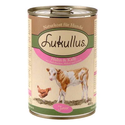 Lukullus Huhn & Kalb, comida húmida para cães, 400 g. Texto visível em alemão: Naturkost für Hunde, mit Haferflocken, Möhre und Leinöl, Junior.