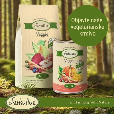 Lukullus Veggie Adult, balenie suchého a konzervovaného krmiva. Text: Objavte naše vegetariánske krmivo. In Harmony with Nature. 400 g. Peas with carrot and apple, Green with pumpkin and mango.