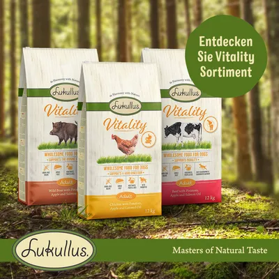 Lukullus Vitality, croquettes pour chien adulte, 3 sacs de 12 kg : sanglier, poulet ou bœuf. Texte allemand : Entdecken Sie Vitality Sortiment. Ingrédients principaux visibles sur chaque sac.