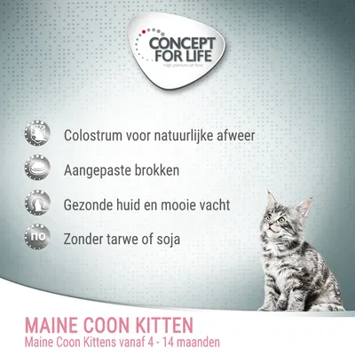 Concept for Life Maine Coon Kitten, colostrum voor natuurlijke afweer, aangepaste brokken, gezonde huid en mooie vacht, zonder tarwe of soja. Voor kittens 4–14 maanden. Concept for Life Maine Coon Kitten, colostrum voor natuurlijke afweer, aangepaste brokken, gezonde huid en mooie vacht, zonder tarwe of soja. Voor kittens 4–14 maanden.