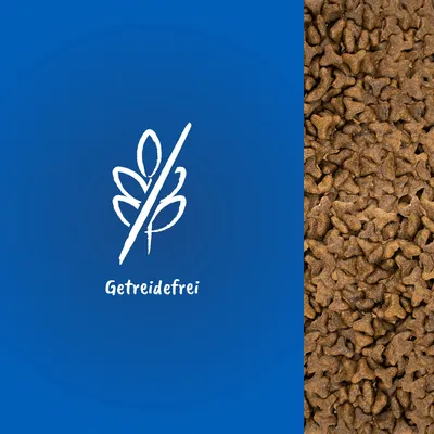 Getreidefrei. Symbol eines durchgestrichenen Getreidehalms neben einer Nahaufnahme von braunen Trockenfutterstücken.