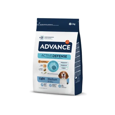 Confezione Advance Active Defense Light Medium 10–30 kg, 3 kg. Testo visibile: prebiotici, probiotici, fibre, con pollo. Immagine di un cane sulla confezione.
