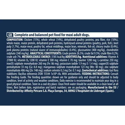Complete and balanced pet food for maxi adult dogs. Ingredients, analytical constituents, additives, feeding instructions, manufacturer: Affinity Petcare S.A., Spain. Text in English.
