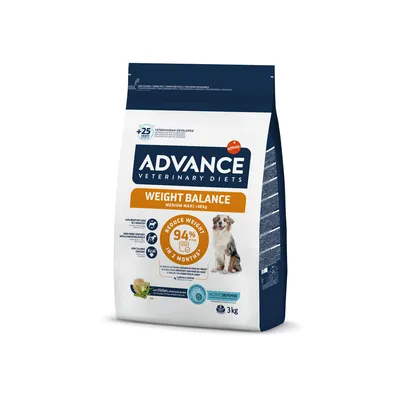 Saco de ração Advance Veterinary Diets Weight Balance Medium Maxi +10 kg, 3 kg. Texto visível: 'Reduce weight 94% in 2 months', imagem de cão e selo 'Active Defense'.