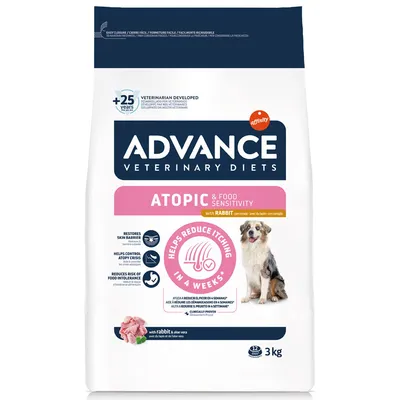 Saco de 3 kg Advance Veterinary Diets Atopic & Food Sensitivity com coelho. Indicações visíveis: ajuda a reduzir o prurido em 4 semanas, restaura barreira cutânea, controla crises atópicas.