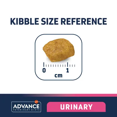 Kibble size reference with one piece of kibble shown on a scale from 0 to 1 cm. ADVANCE Veterinary Diets branding and URINARY label visible.