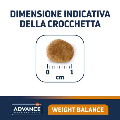 Dimensione indicativa della crocchetta Advance Veterinary Diets Weight Balance, scala da 0 a 1 cm visibile sotto la crocchetta.