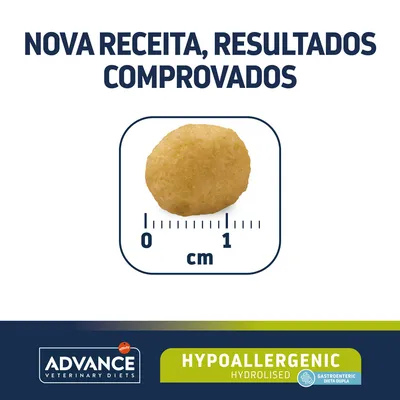 Advance Veterinary Diets Hypoallergenic Hydrolised. Nova receita, resultados comprovados. Croquete com cerca de 1 cm de diâmetro visível junto a escala métrica.