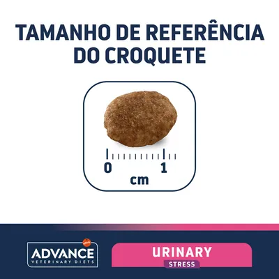 Tamanho de referência do croquete Advance Veterinary Diets Urinary Stress: imagem de um croquete com escala em centímetros de 0 a 1 cm.