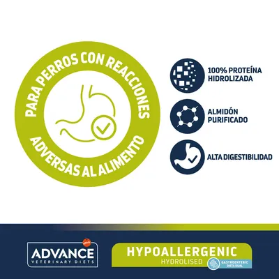 Para perros con reacciones adversas al alimento. 100% proteína hidrolizada, almidón purificado, alta digestibilidad. ADVANCE Veterinary Diets HYPOALLERGENIC HYDROLISED.