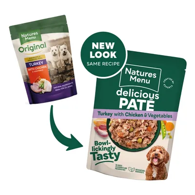 Packaging change from Natures Menu Original Turkey with Chicken & Vegetables to Natures Menu delicious Pâté Turkey with Chicken & Vegetables. New look, same recipe.