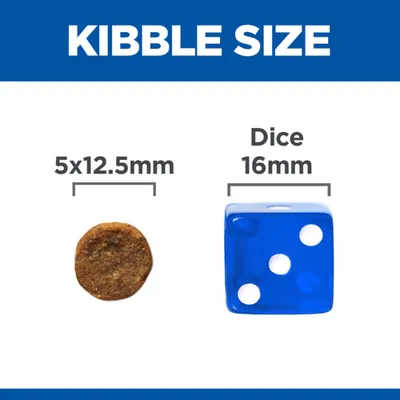 Σύγκριση μεγέθους κροκέτας 5×12,5 mm με ζάρι 16 mm. Εμφανίζεται η λέξη 'KIBBLE SIZE' και οι διαστάσεις πάνω από κάθε αντικείμενο.