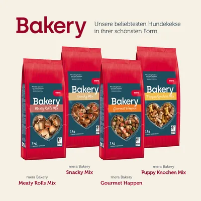 Quattro confezioni da 1 kg di biscotti per cani mera Bakery: Meaty Rolls Mix, Snacky Mix, Gourmet Happen, Puppy Knochen Mix. Testo in tedesco visibile sulle confezioni.