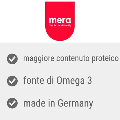 mera The Petfood Family. maggiore contenuto proteico, fonte di Omega 3, made in Germany.