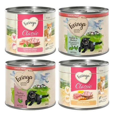 Vier Feringa Kitten Nassfutterdosen: Classic Chicken mit Lachs, Brokkoli und Petersilie; Rabbit & Chicken mit Kartoffeln und Löwenzahn; Turkey mit Kürbis und Katzenminze; Chicken mit Kalb.
