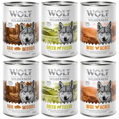 Wolf of Wilderness hundemad 400g dåser: Oak Woods, Green Fields, Wide Acres. Synlig tekst: 100% grain-free recipe, fresh wild boar/lamb/chicken med bær, rødder og urter.