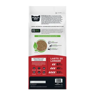Back of cat litter packaging showing usage duration for multiple cats, unscented formula, natural plant ingredients, and icons for clumping, odour control, flushable, lightweight, and dust free.