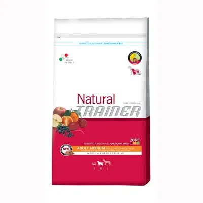 Опаковка Natural Trainer Adult Medium Pollo Riso Aloe Vera за средни породи 11–30 кг. Видими плодове и зеленчуци, надписи: Made in Italy, Functional Food, Super Premium.