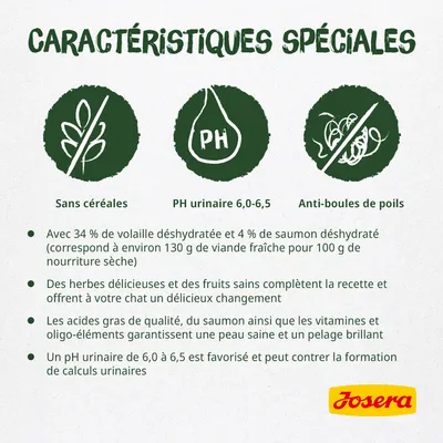 Caractéristiques spéciales Josera : sans céréales, PH urinaire 6,0–6,5, anti-boules de poils. 34 % volaille déshydratée, 4 % saumon déshydraté, herbes, fruits, acides gras, vitamines.