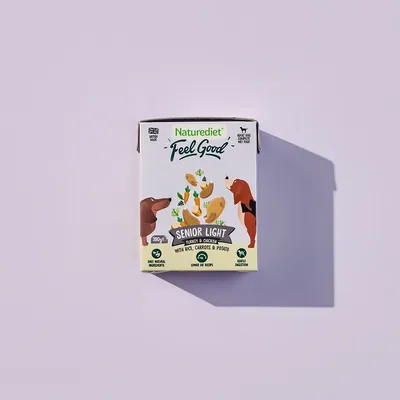 Senior Light turkey and chicken with rice, carrots and potato. Only natural ingredients, gentle digestion, lower fat recipe. Adult dog complete wet food, 390g.