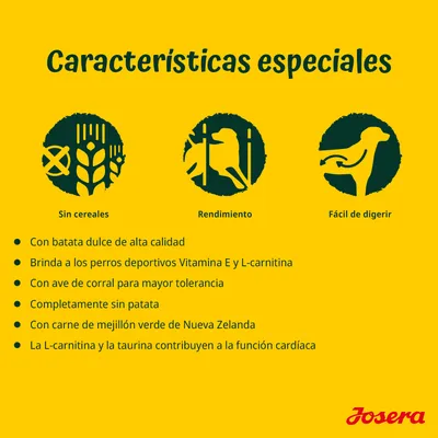 Características especiales Josera: sin cereales, rendimiento, fácil de digerir. Con batata dulce, vitamina E, L-carnitina, ave de corral, sin patata, mejillón verde, taurina.