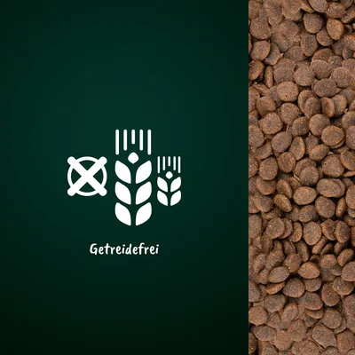 Symbol für getreidefrei neben Abbildung von braunen Kroketten. Text: Getreidefrei.