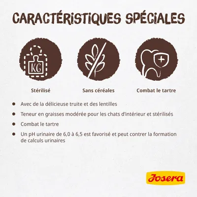 Caractéristiques spéciales : stérilisé, sans céréales, combat le tartre. Avec truite et lentilles, graisses modérées, favorise un pH urinaire de 6,0 à 6,5. Josera.