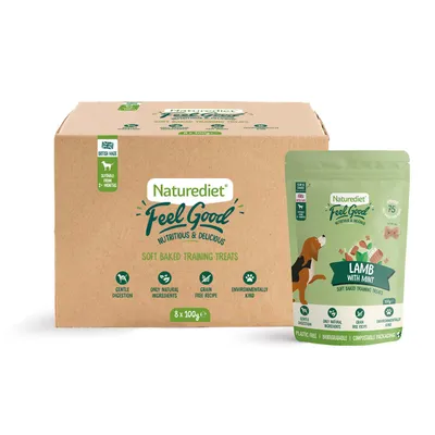 Naturediet Feel Good soft baked training treats, lamb with mint flavour. Features: gentle digestion, only natural ingredients, grain free recipe, environmentally kind, suitable from 2 months.
