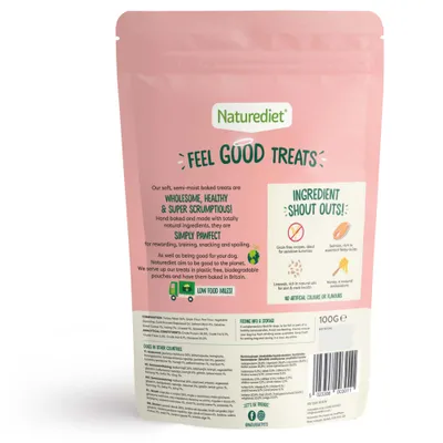 Naturediet Feel Good Treats, grain free recipe, salmon rich in essential fatty acids, linseed natural source of omega 3, no artificial colours or flavours, 100g pouch.