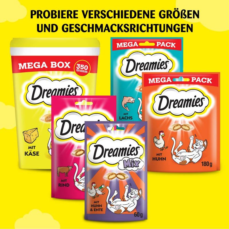 Dreamies kattegodbidder i forskellige størrelser og smagsvarianter: ost, oksekød, laks, kylling, mix med kylling og and. Tekst på tysk: Probiere verschiedene Größen und Geschmacksrichtungen.