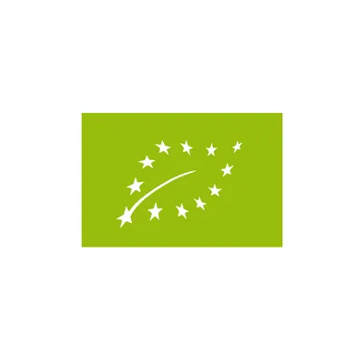 Label bio européen avec feuille formée d’étoiles blanches sur fond vert. Texte de certification non visible.