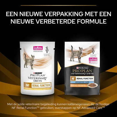 PURINA PRO PLAN VETERINARY DIETS NF Renal Function en NF Renal Function Advanced Care kattenvoer, nieuwe verpakking met verbeterde formule. ISFM keurmerk zichtbaar op beide verpakkingen.