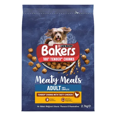 Bakers Meaty Meals Adult, 100% tender chunks with tasty chicken, no added artificial colours, flavours or preservatives, 2.7kg pack.
