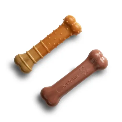 Two bone-shaped chew toys, one tan with textured bumps and grooves, the other brown and smooth with 'NYLABONE' embossed on it, shown side by side.