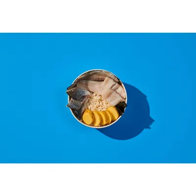 Bowl containing slices of fish, rice, and round yellow pieces arranged separately, shown from above on a blue background.