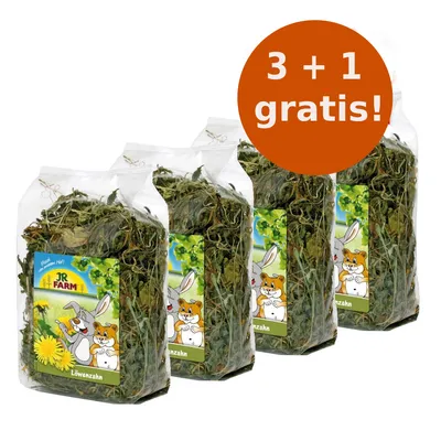 Quattro confezioni di JR Farm Löwenzahn con etichetta raffigurante coniglio e criceto, offerta visibile: 3 + 1 gratis!