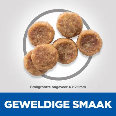 Ronde brokjes, brokgrootte ongeveer 4 x 7,5 mm. Tekst: GEWELDIGE SMAAK.