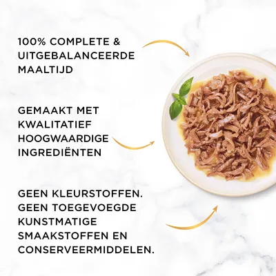 100% complete & uitgebalanceerde maaltijd. Gemaakt met kwalitatief hoogwaardige ingrediënten. Geen kleurstoffen, geen toegevoegde kunstmatige smaakstoffen en conserveermiddelen.