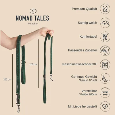 Nomad Tales München Hundeleine, samtig weich, maschinenwaschbar bei 30°, geringes Gewicht, verstellbar von 120 cm bis 200 cm, Premium-Qualität, mit Liebe hergestellt.