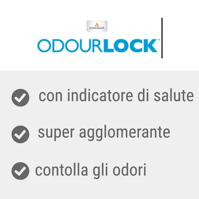 Intersand OdourLock con indicatore di salute, super agglomerante, controlla gli odori. Testo in italiano visibile nell'immagine.