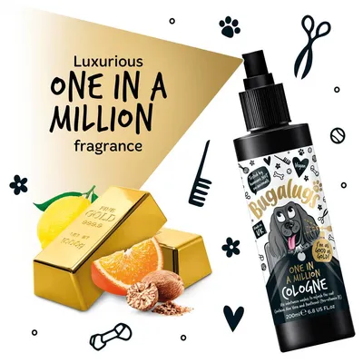 Bugalugs One in a Million Cologne bottle with text 'Luxurious one in a million fragrance', gold bars, lemon, orange slice and nutmeg shown to highlight scent notes.