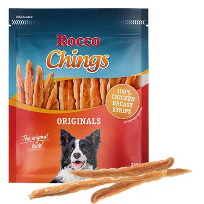 Rocco Chings Originals, 100% chicken breast strips, 250g. Packaging shows a dog and chicken breast strips. Text: 'The original taste!' and 'resealable'.