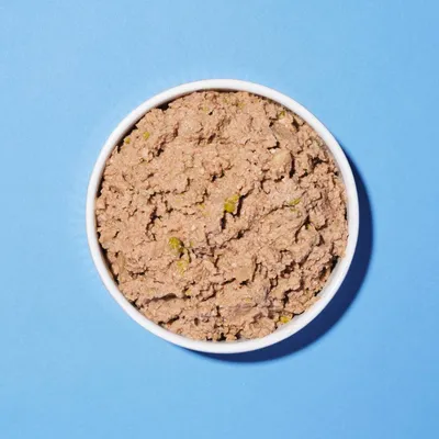 Bowl filled with moist, chunky pet food in a light brown colour, shown from above to display texture and consistency.