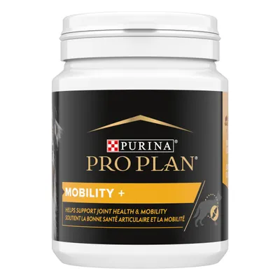 Purina Pro Plan Mobility+ tub with label text: 'Helps support joint health & mobility'. Black and gold packaging, partial dog graphic visible.