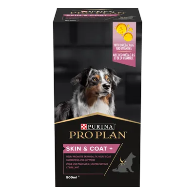 Purina Pro Plan Skin & Coat+ 500ml, with omega 3 & 6 and vitamin E. Helps promote skin health, helps coat glossiness and softness. Image of a dog on the packaging.
